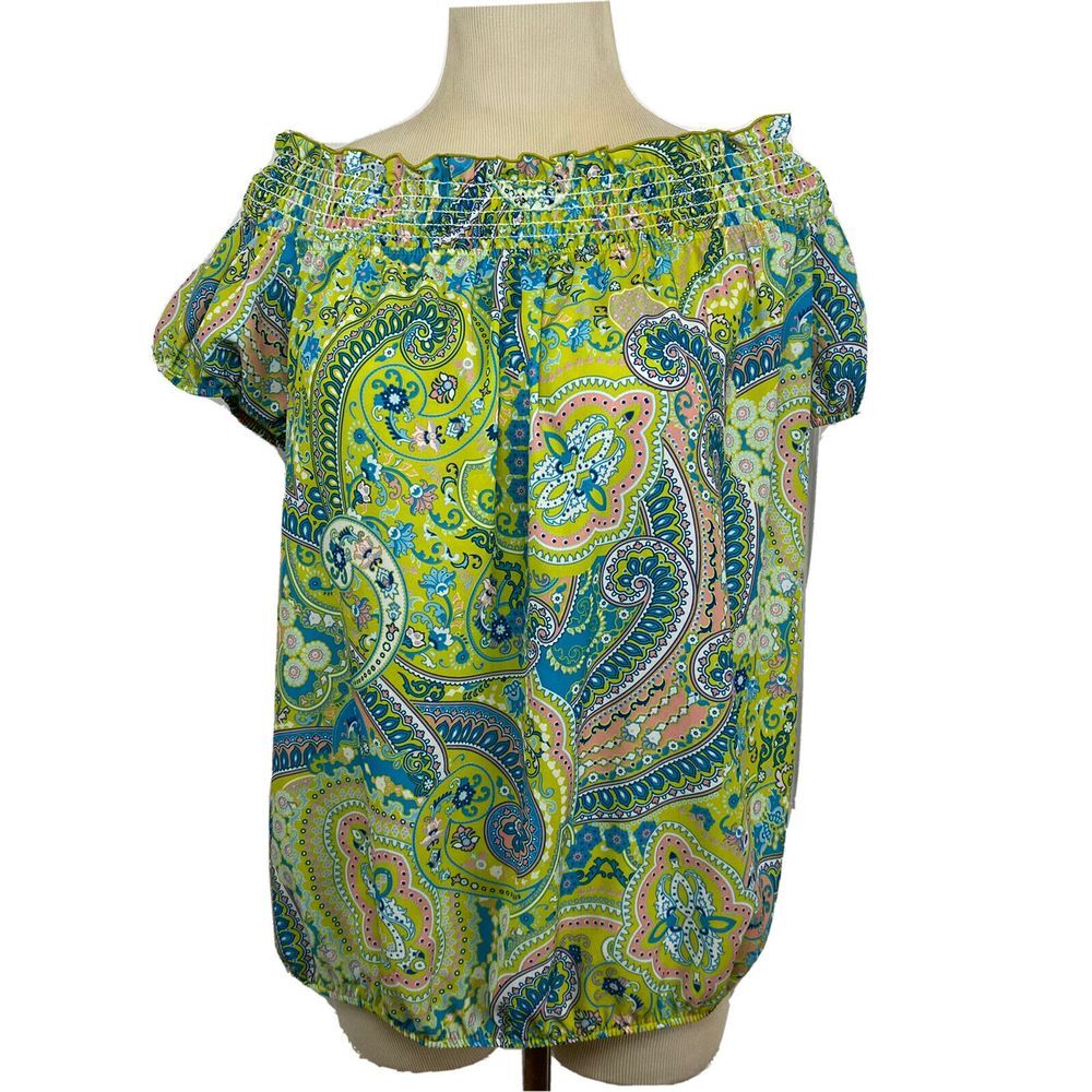 Sweet Pea for‎ NY&C Off Shoulder Blouse Womens Large Green Paisley Smocked NWT